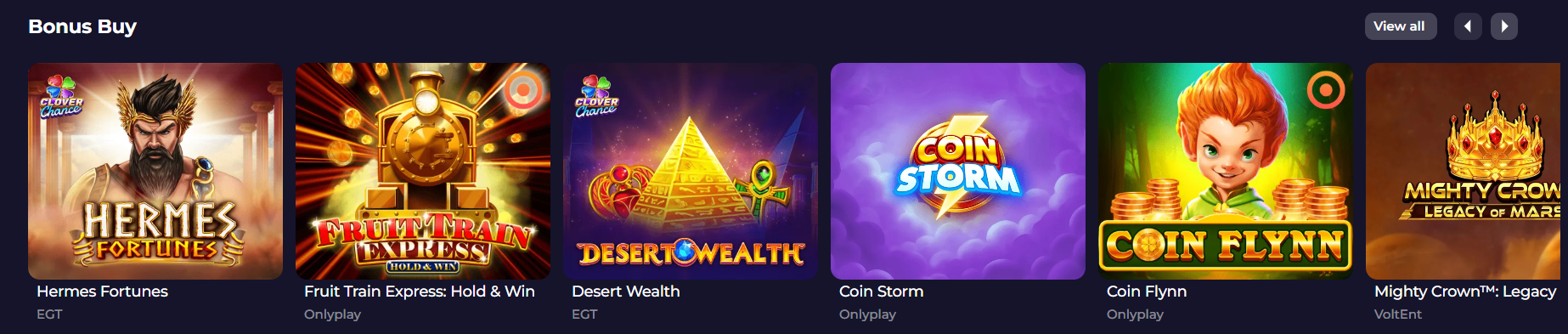 Bonus Buy section showing casino game tiles for Hermes Fortunes, Fruit Train Express: Hold & Win, Desert Wealth, Coin Storm, Coin Flynn, and Mighty Crown: Legacy, with provider names below.