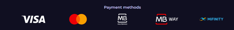 Payment methods section featuring Visa, Mastercard, Multibanco, MB Way, and MiFinity logos on a dark background.