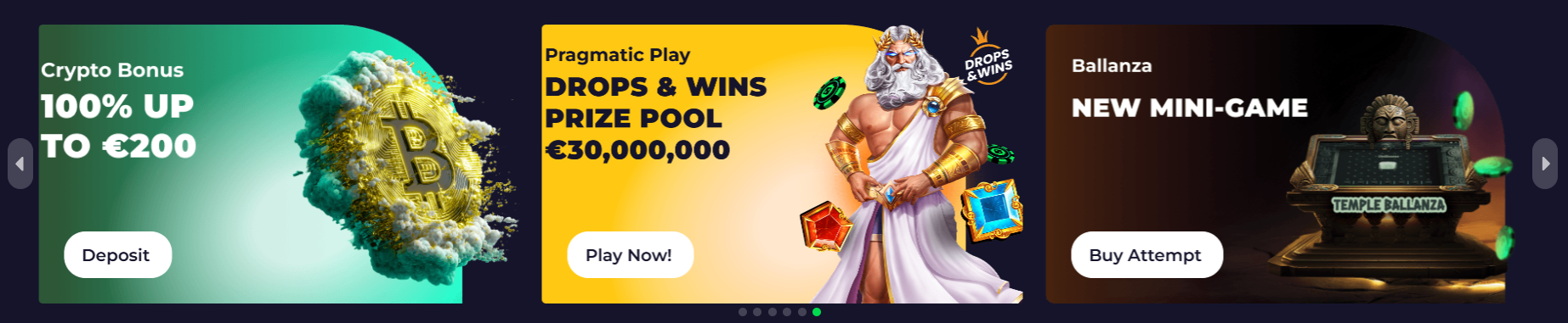 Casino homepage banner slider featuring a crypto bonus offer, Drops & Wins prize pool promotion, and a Ballanza mini-game, each with call-to-action buttons.