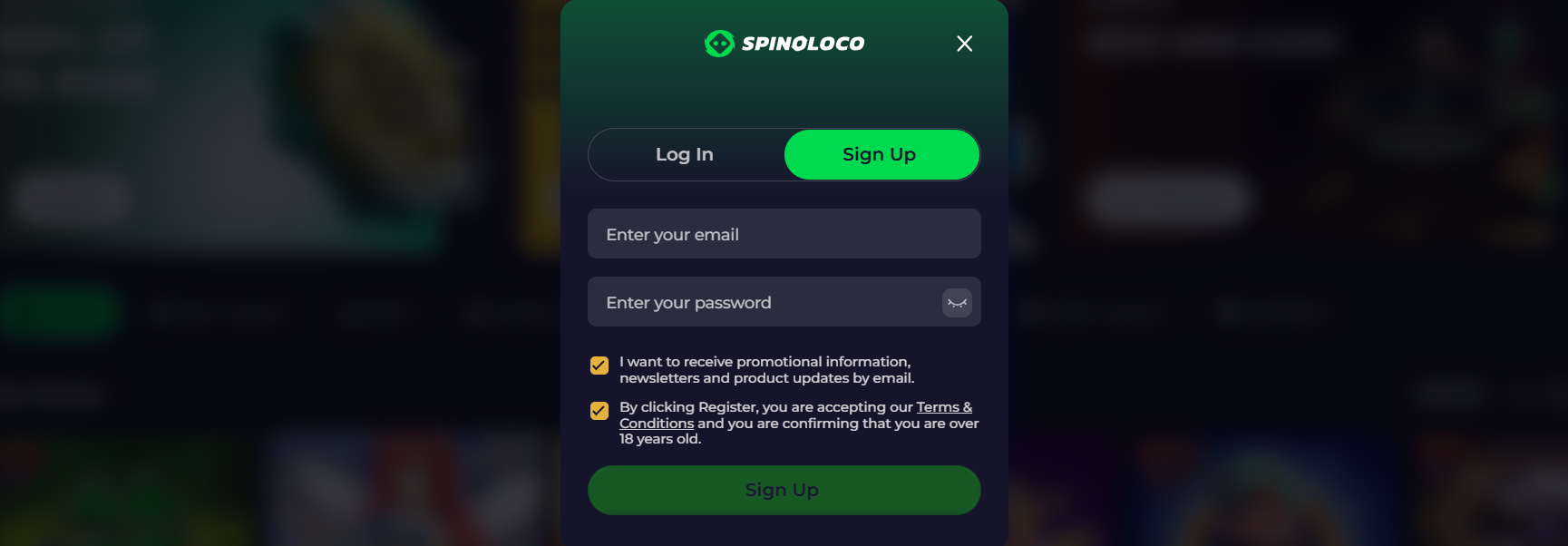 Spinoloco sign-up popup with email and password fields, promotional and terms consent checkboxes, log in and sign up tabs, and a green sign-up button on a dark blurred background.